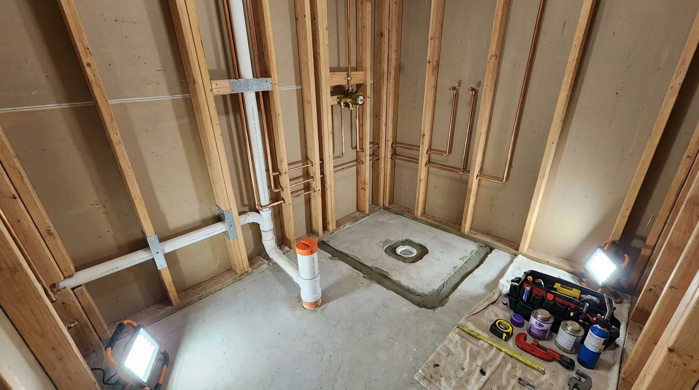 Bathroom rough-in plumbing during remodel by Johns Plumbing LLC in Overton
