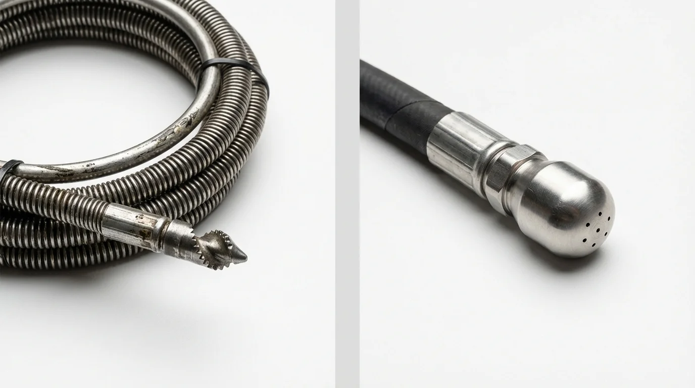Drain snake cable and hydro jetting nozzle used for drain cleaning in Overton, TX