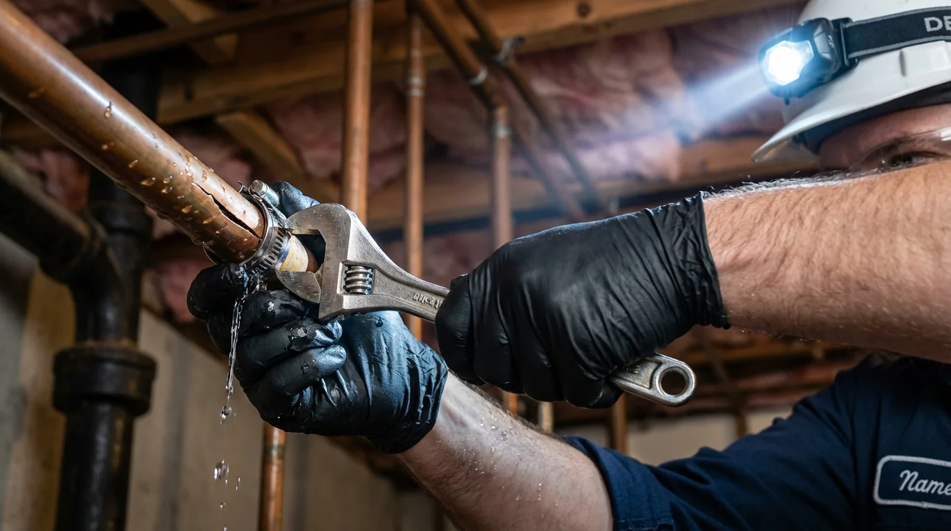 Emergency pipe clamp repair being performed by a Johns Plumbing LLC plumber in Overton
