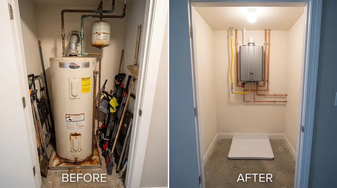 Tank water heater versus wall-mounted tankless unit comparison for Overton, TX homeowners