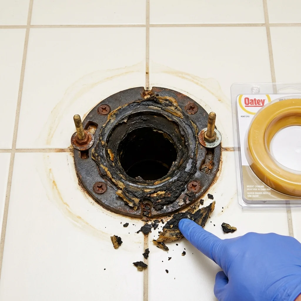 Failed wax ring showing water seepage at the base of a toilet in a Overton, TX home