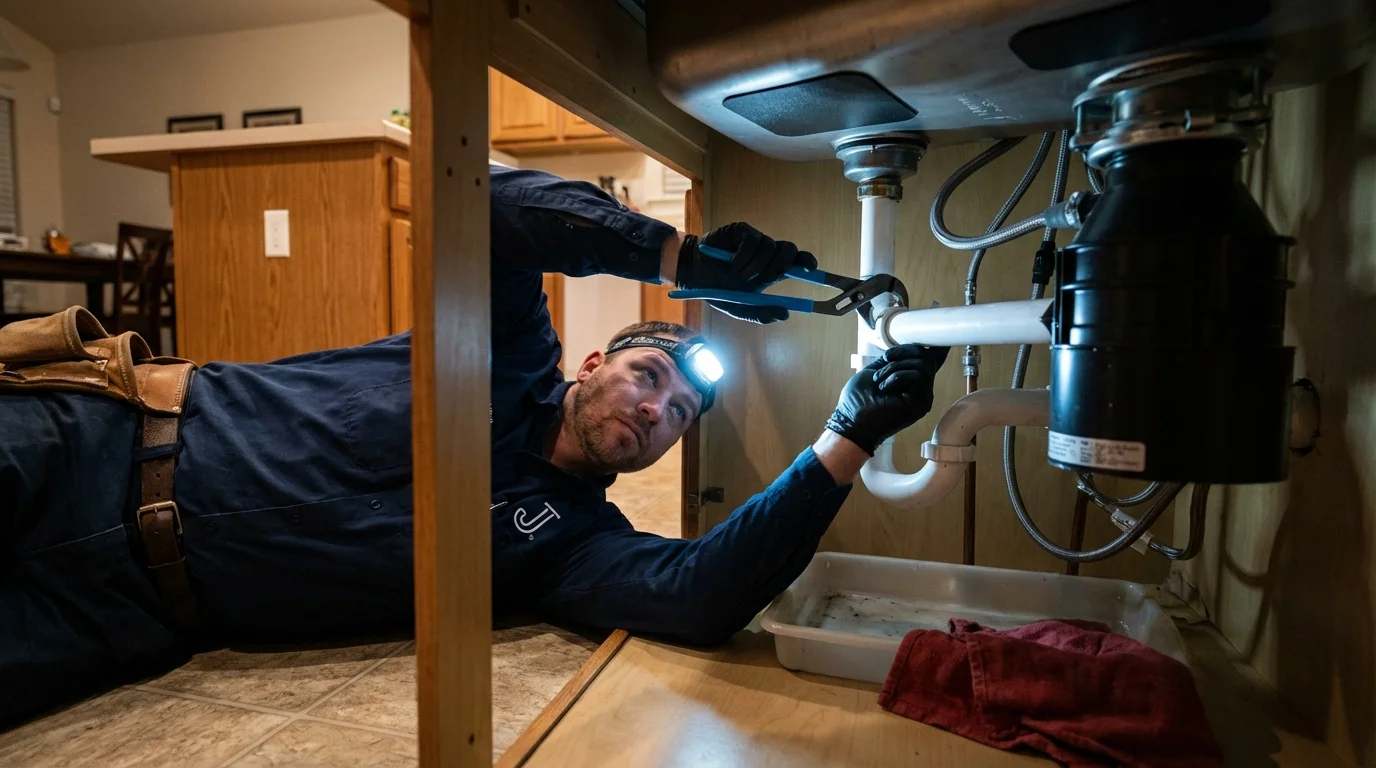 P-trap and supply line connections under a kitchen sink showing a common leak point in Overton, TX